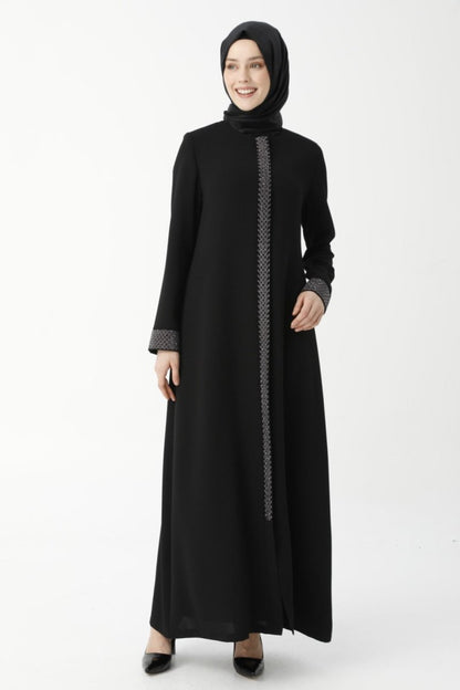 Black Herringbone Embroidered Mother's Abaya 9378-22 - ihvan