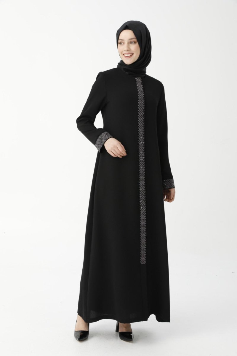 Black Herringbone Embroidered Mother's Abaya 9378-22 - ihvan