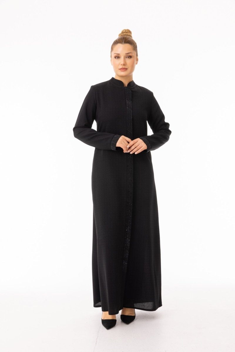Black Hijab Abaya - Button Cuff with Stone Details Zerenay 5619 - 26 - ihvan