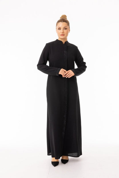 Black Hijab Abaya - Button Cuff with Stone Details Zerenay 5619 - 26 - ihvan