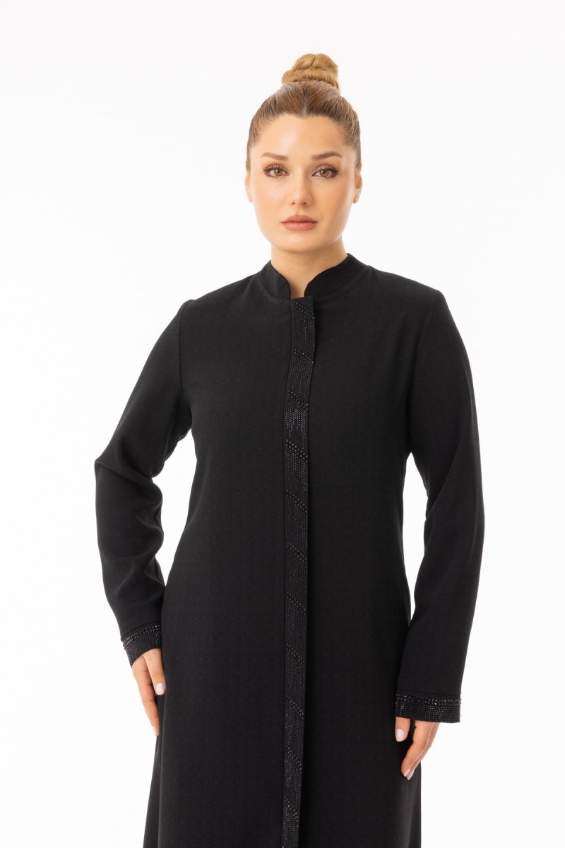 Black Hijab Abaya - Button Cuff with Stone Details Zerenay 5619 - 26 - ihvan