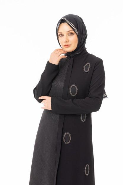 Black Hijab Abaya - Jacquard and Oval Stone Embellished, Plus Size, Zerenay 5629 - 26 - ihvan