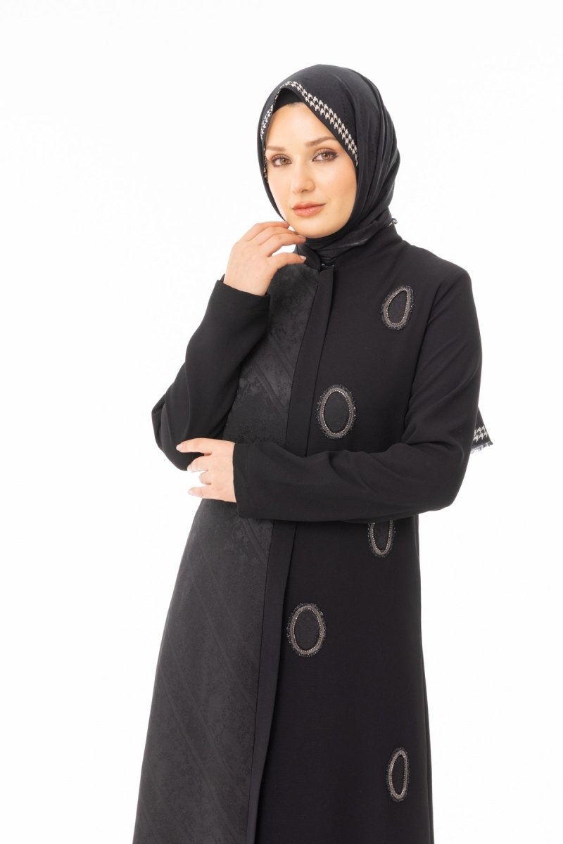 Black Hijab Abaya - Jacquard and Oval Stone Embellished, Plus Size, Zerenay 5629 - 26 - ihvan
