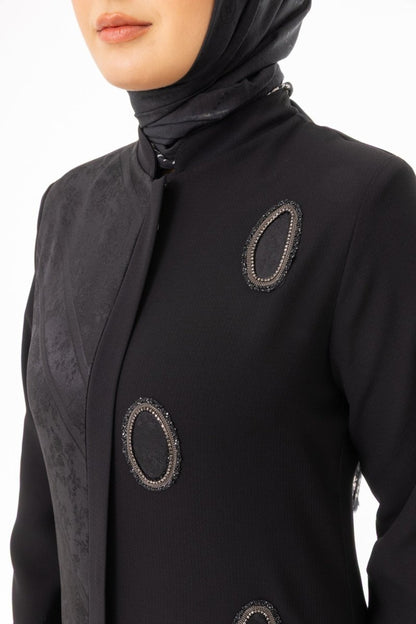 Black Hijab Abaya - Jacquard and Oval Stone Embellished, Plus Size, Zerenay 5629 - 26 - ihvan