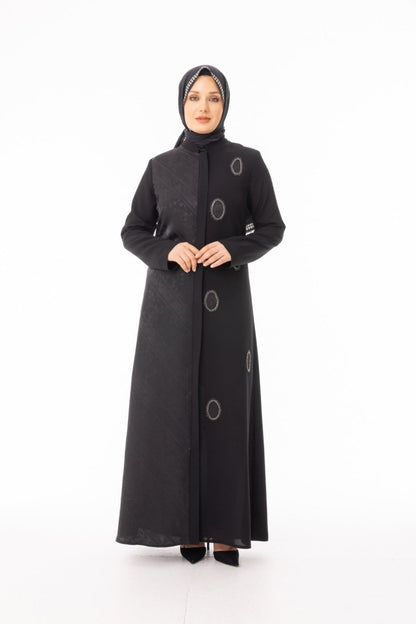 Black Hijab Abaya - Jacquard and Oval Stone Embellished, Plus Size, Zerenay 5629 - 26 - ihvan