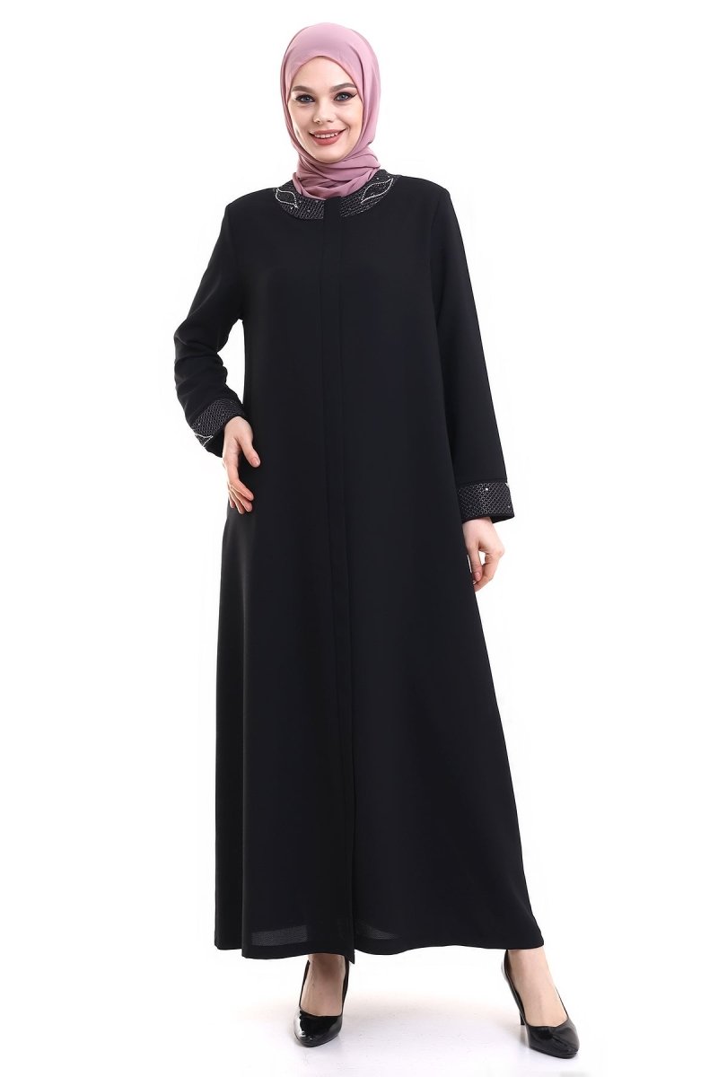 Black Hijab Abaya with Concealed Zipper and Crystal Embellished Collar 23300 - ihvan