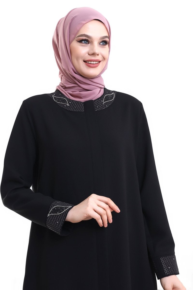 Black Hijab Abaya with Concealed Zipper and Crystal Embellished Collar 23300 - ihvan