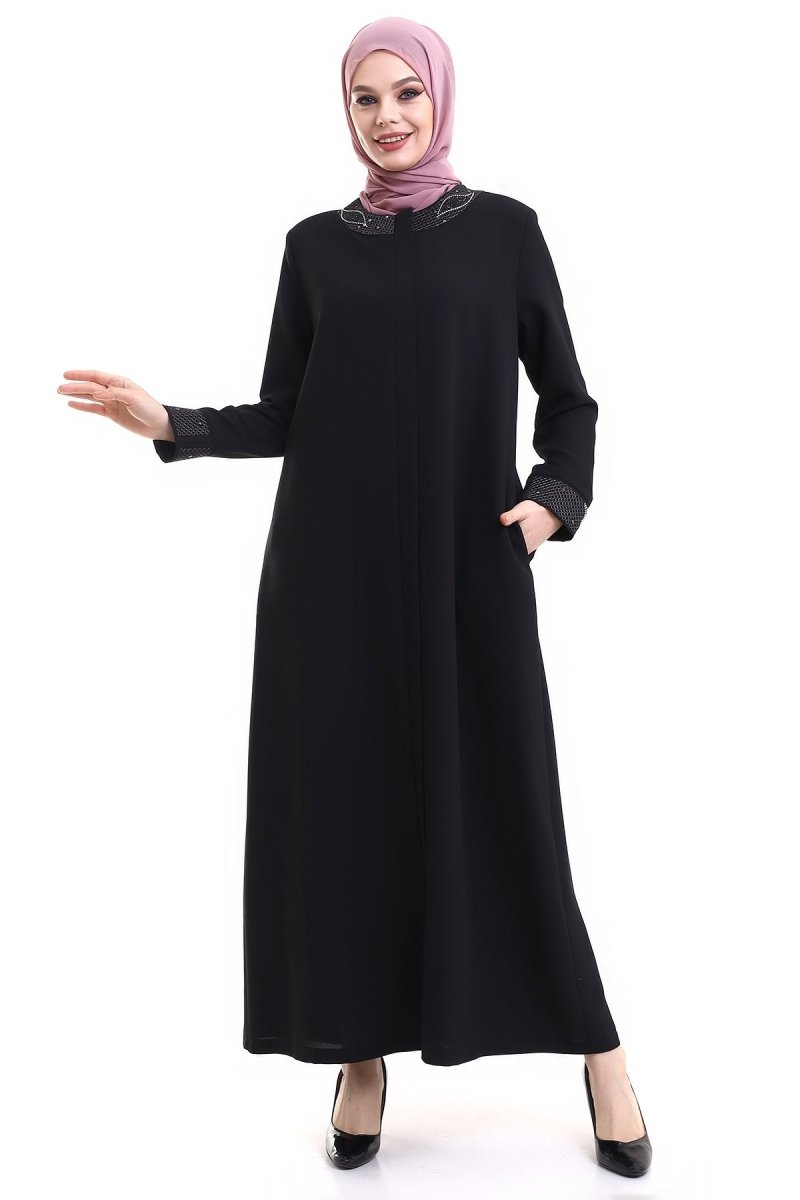 Black Hijab Abaya with Concealed Zipper and Crystal Embellished Collar 23300 - ihvan