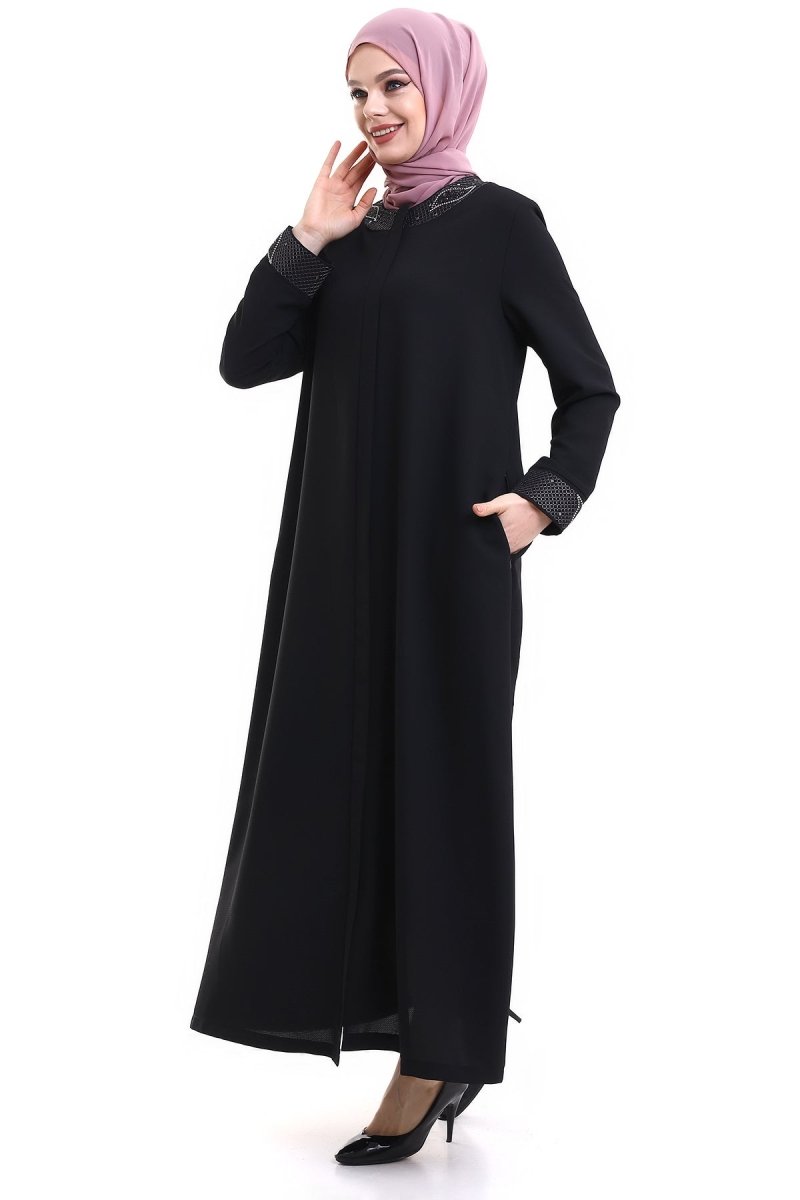Black Hijab Abaya with Concealed Zipper and Crystal Embellished Collar 23300 - ihvan