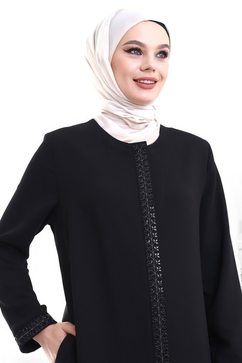 Black Hijab Abaya with Concealed Zipper and Crystal Stone Details 23302 - ihvan