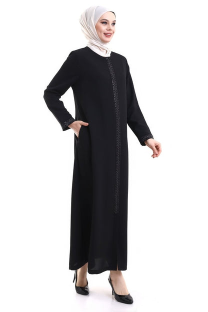 Black Hijab Abaya with Concealed Zipper and Crystal Stone Details 23302 - ihvan