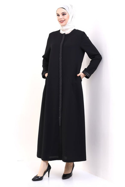 Black Hijab Abaya with Concealed Zipper and Crystal Stone Details 23302 - ihvan