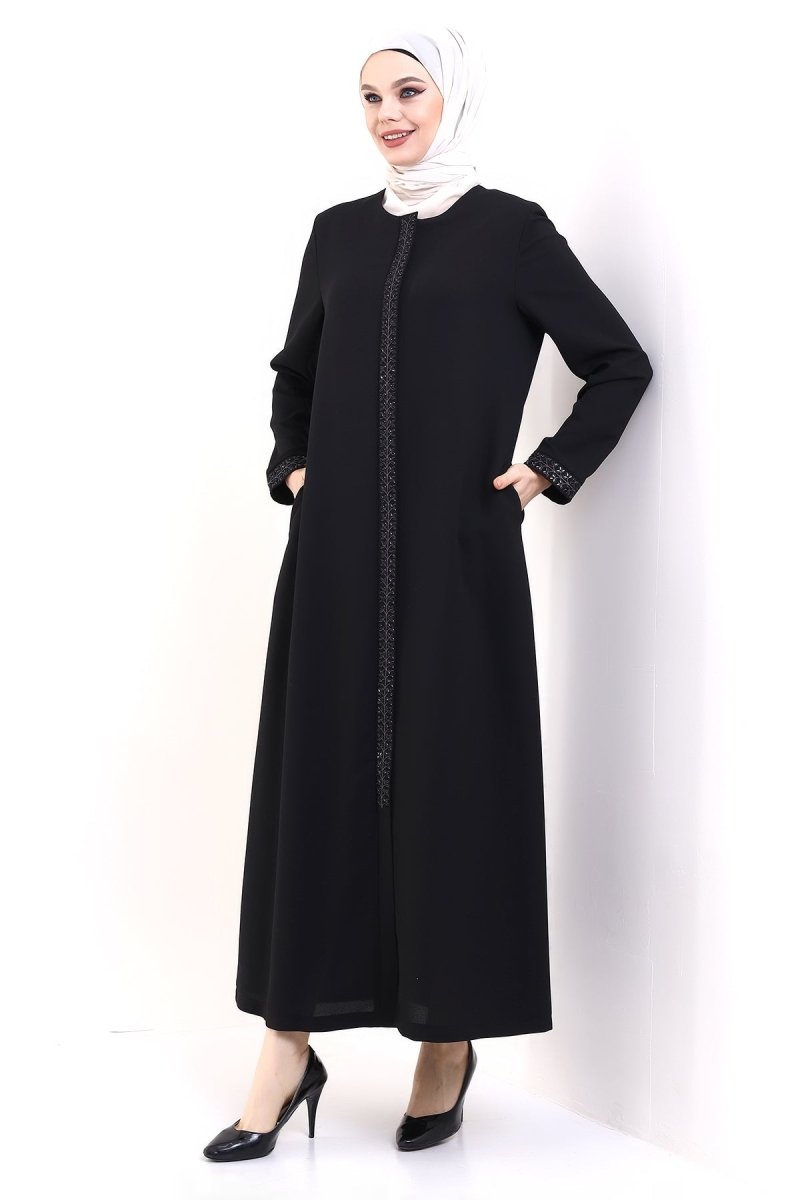 Black Hijab Abaya with Concealed Zipper and Crystal Stone Details 23302 - ihvan