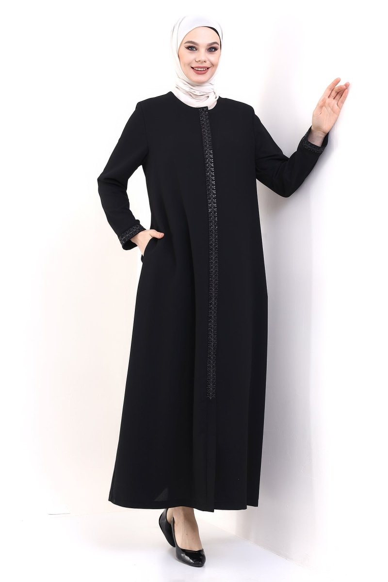 Black Hijab Abaya with Concealed Zipper and Crystal Stone Details 23302 - ihvan