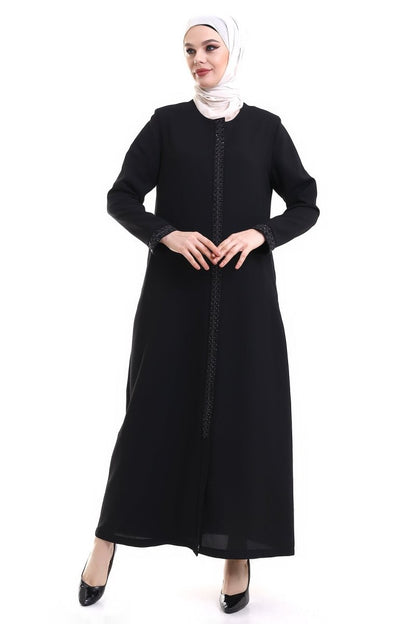 Black Hijab Abaya with Concealed Zipper and Crystal Stone Details 23302 - ihvan