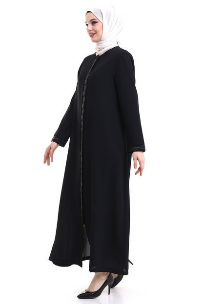 Black Hijab Abaya with Concealed Zipper and Crystal Stone Details 23378 - ihvan