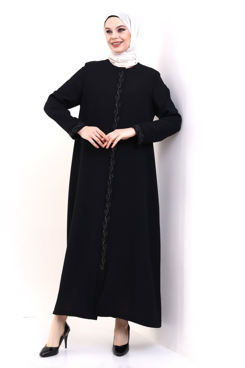 Black Hijab Abaya with Concealed Zipper and Crystal Stone Details 23378 - ihvan