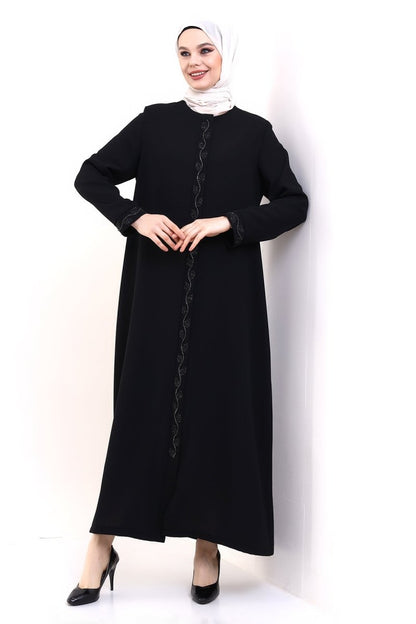 Black Hijab Abaya with Concealed Zipper and Crystal Stone Details 23378 - ihvan