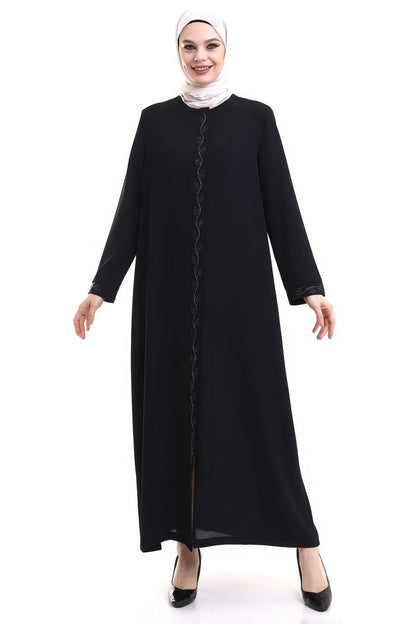 Black Hijab Abaya with Concealed Zipper and Crystal Stone Details 23378 - ihvan