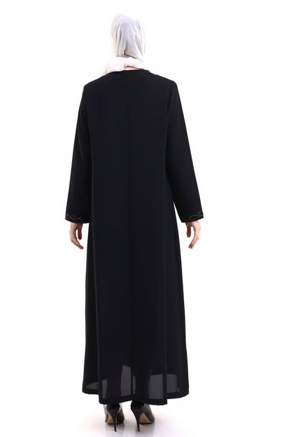 Black Hijab Abaya with Concealed Zipper and Crystal Stone Details 23378 - ihvan