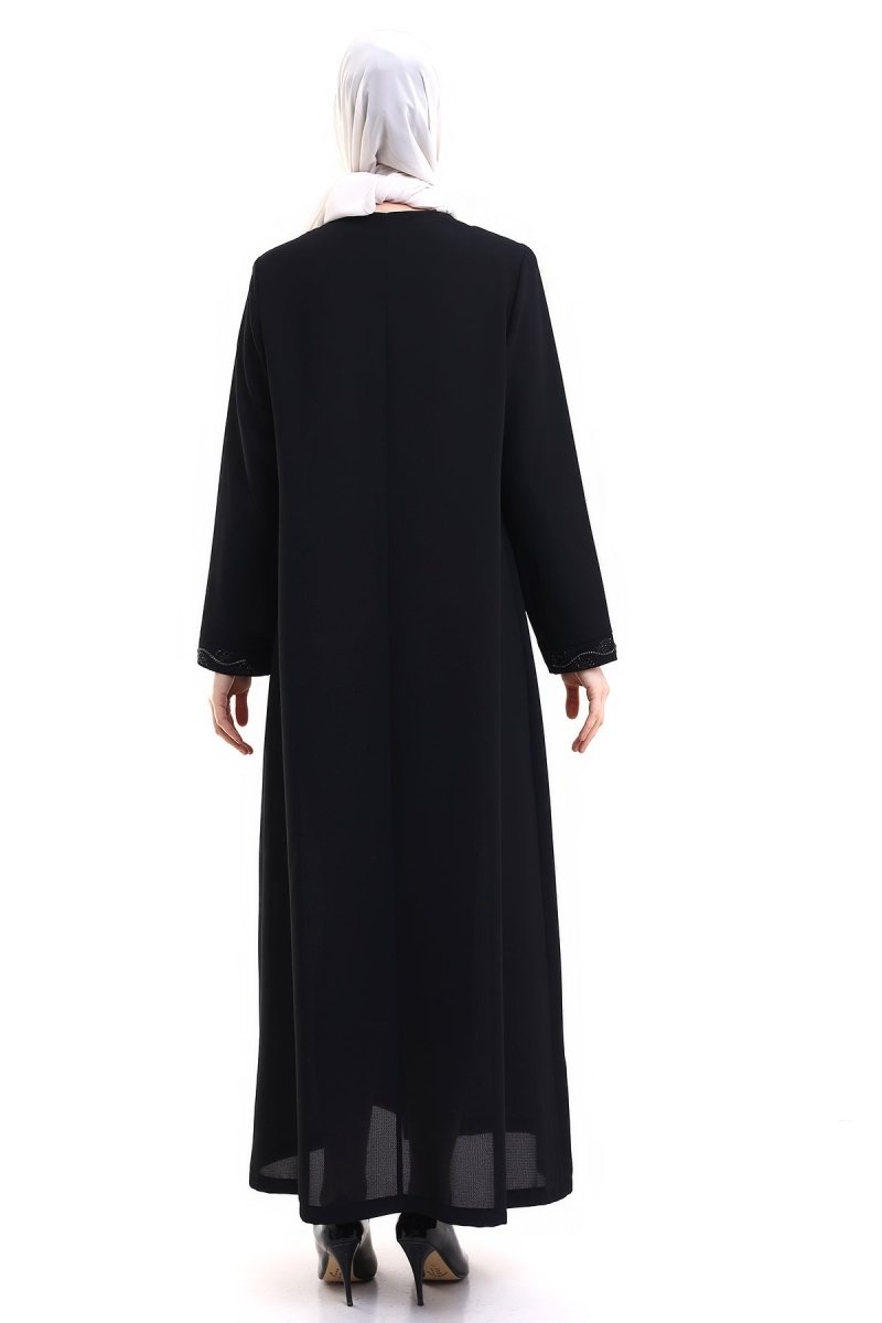 Black Hijab Abaya with Concealed Zipper and Crystal Stone Details 23378 - ihvan