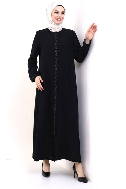 Black Hijab Abaya with Concealed Zipper and Crystal Stone Details 23378 - ihvan