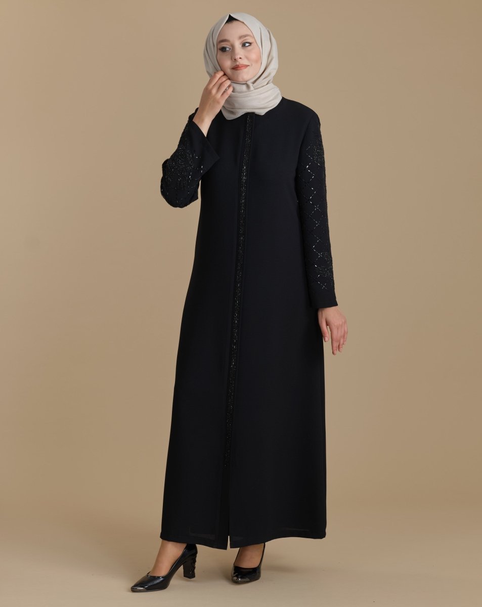 Black Hijab Abaya with Crystal Embellished Sleeves and Zipper - ihvan