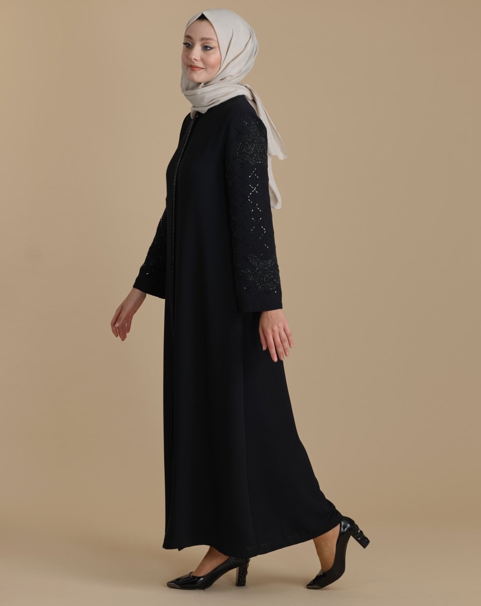 Black Hijab Abaya with Crystal Embellished Sleeves and Zipper - ihvan