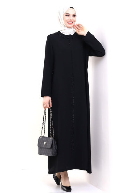 Black Hijab Abaya with Crystal Embellishments and Hidden Zipper - ihvan