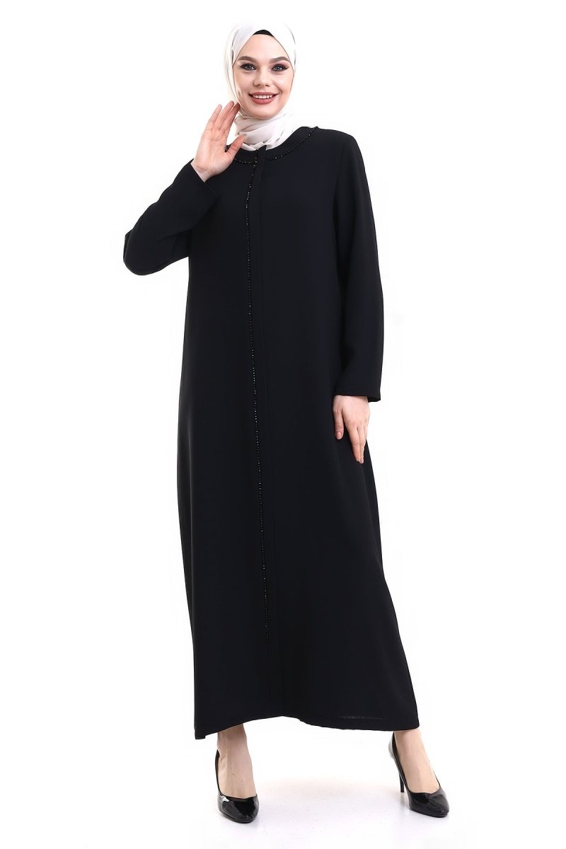 Black Hijab Abaya with Crystal Embellishments and Hidden Zipper - ihvan
