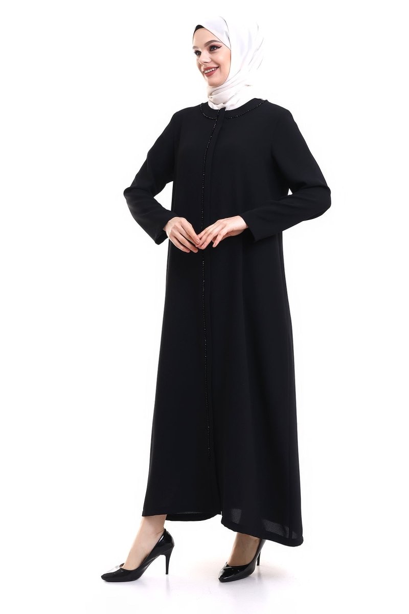Black Hijab Abaya with Crystal Embellishments and Hidden Zipper - ihvan