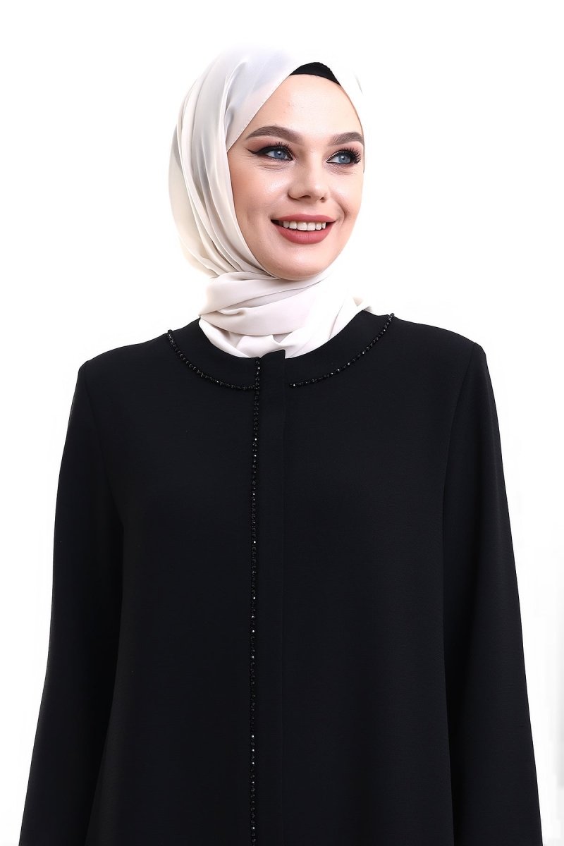 Black Hijab Abaya with Crystal Embellishments and Hidden Zipper - ihvan