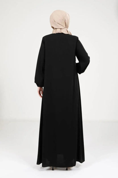 Black Hijab Abaya with Front Zipper, Adjustable Side Zipper Detail, Front Pockets, 9326 - 25 - ihvan