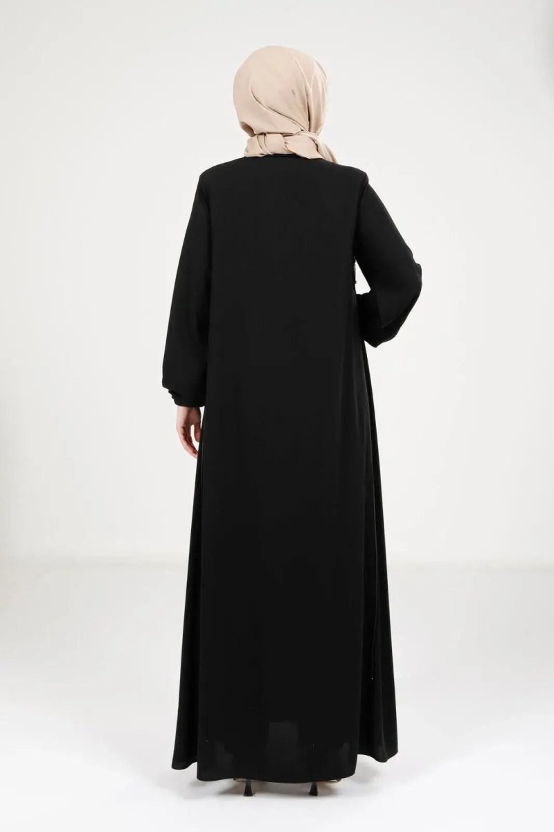 Black Hijab Abaya with Front Zipper, Adjustable Side Zipper Detail, Front Pockets, 9326 - 25 - ihvan
