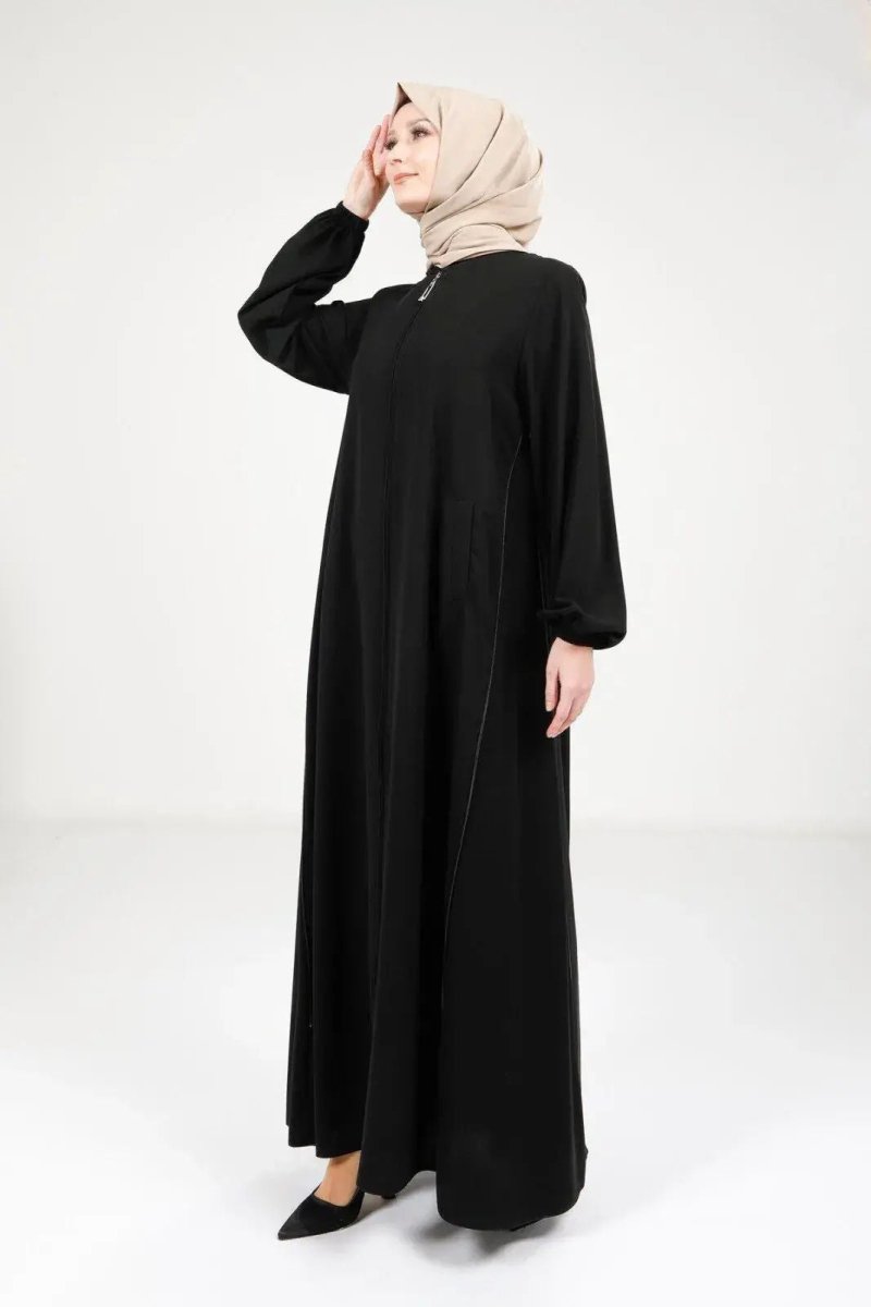Black Hijab Abaya with Front Zipper, Adjustable Side Zipper Detail, Front Pockets, 9326 - 25 - ihvan