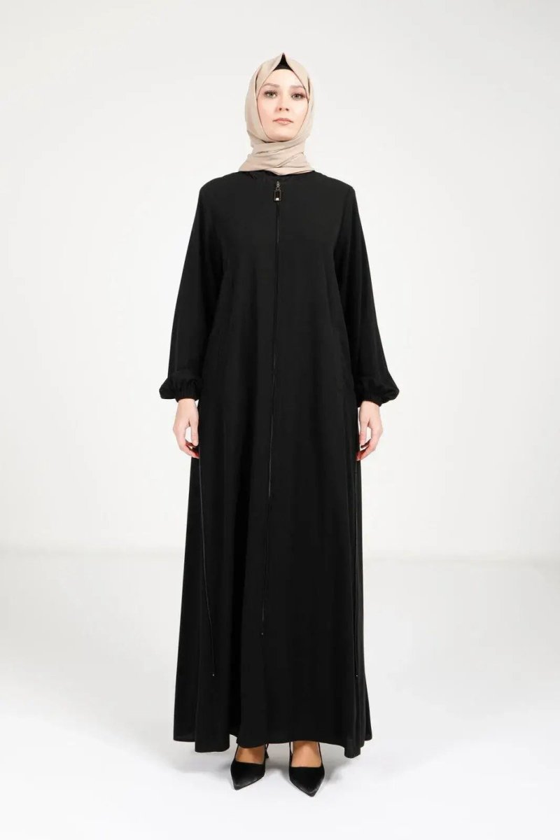 Black Hijab Abaya with Front Zipper, Adjustable Side Zipper Detail, Front Pockets, 9326 - 25 - ihvan