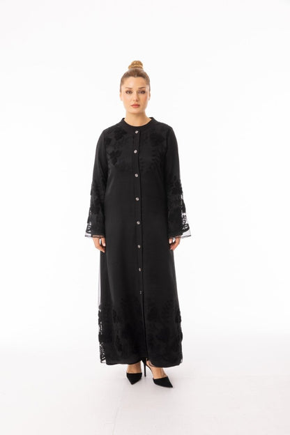 Black Hijab Abaya with Lace Embroidery - Metal Button Detail Zerenay 5633 - 26 - ihvan
