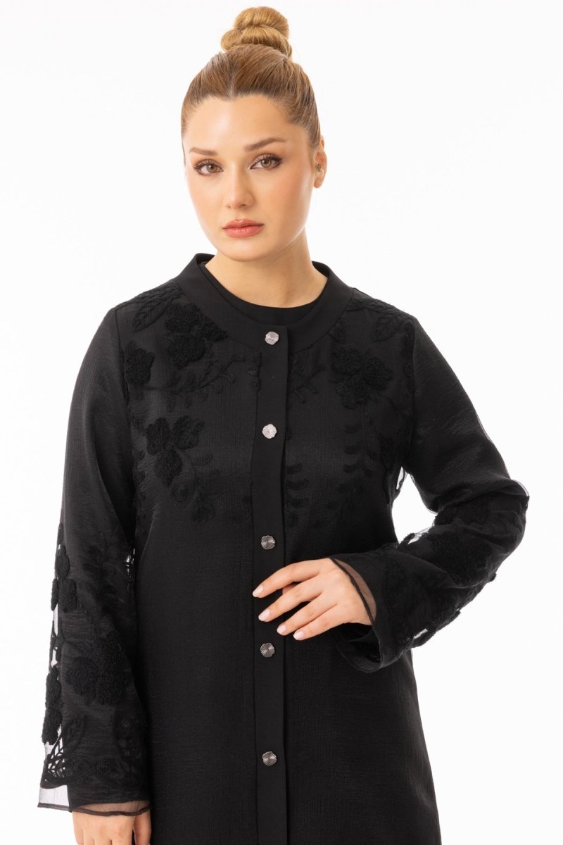 Black Hijab Abaya with Lace Embroidery - Metal Button Detail Zerenay 5633 - 26 - ihvan