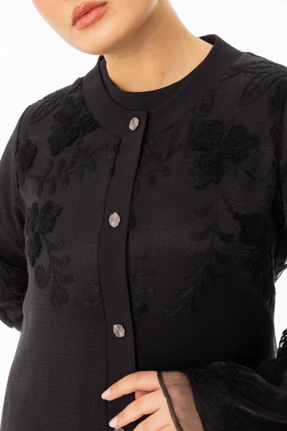 Black Hijab Abaya with Lace Embroidery - Metal Button Detail Zerenay 5633 - 26 - ihvan