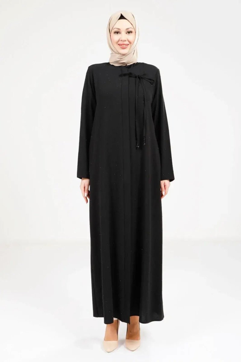 Black Hijab Abaya with Scattered Swarovski Stone Details and Pockets 9250 - 25 - ihvan