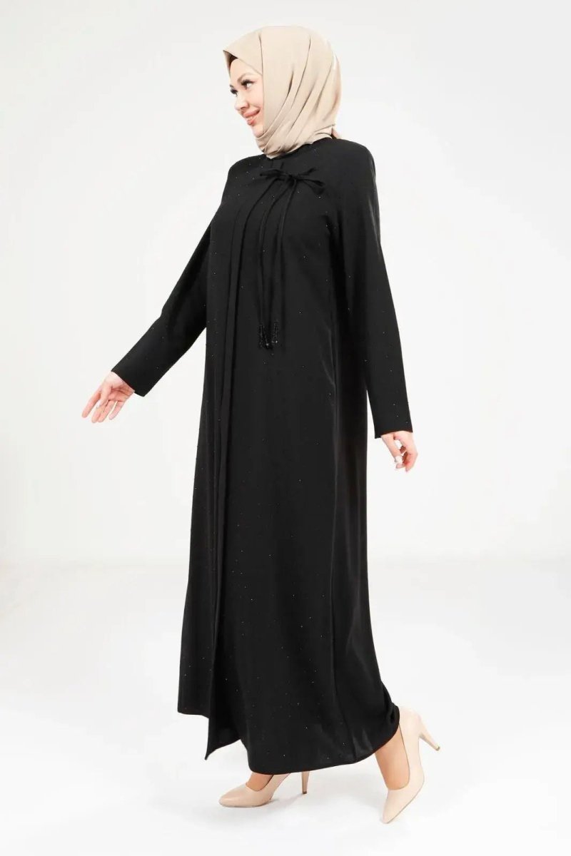 Black Hijab Abaya with Scattered Swarovski Stone Details and Pockets 9250 - 25 - ihvan