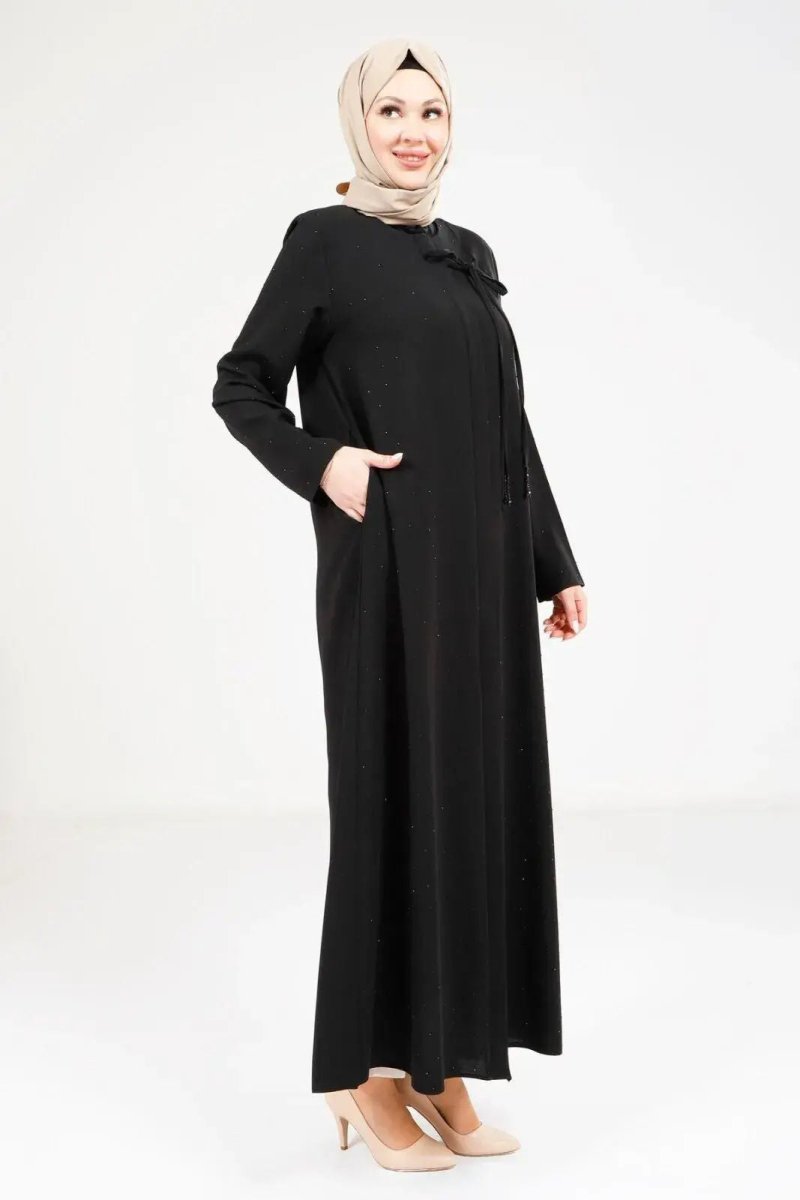 Black Hijab Abaya with Scattered Swarovski Stone Details and Pockets 9250 - 25 - ihvan