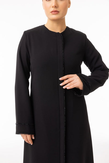 Black Hijab Abaya - with Stone Detail on Placket and Sleeve Trim, Zerenay 5618 - 26 - ihvan