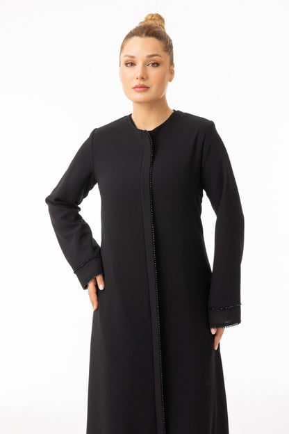 Black Hijab Abaya - with Stone Detail on Placket and Sleeve Trim, Zerenay 5618 - 26 - ihvan