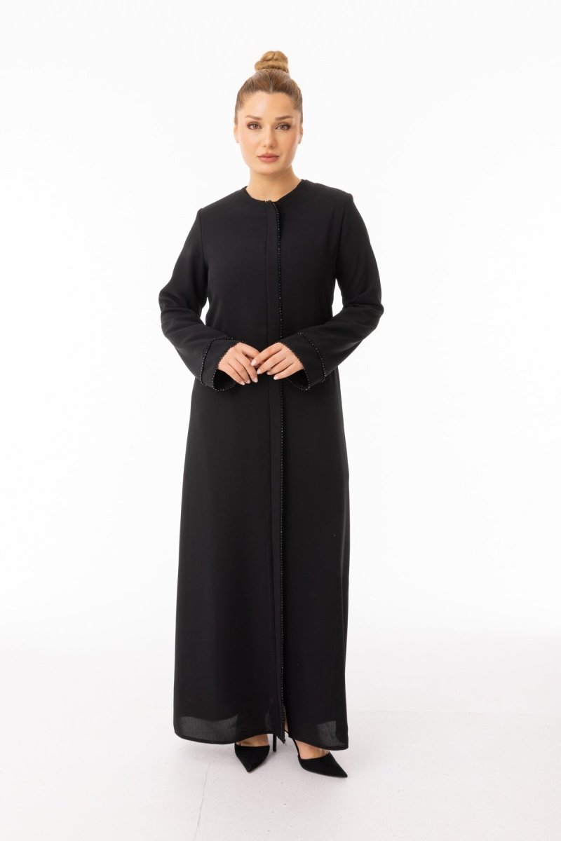 Black Hijab Abaya - with Stone Detail on Placket and Sleeve Trim, Zerenay 5618 - 26 - ihvan