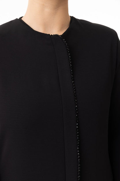 Black Hijab Abaya - with Stone Detail on Placket and Sleeve Trim, Zerenay 5618 - 26 - ihvan
