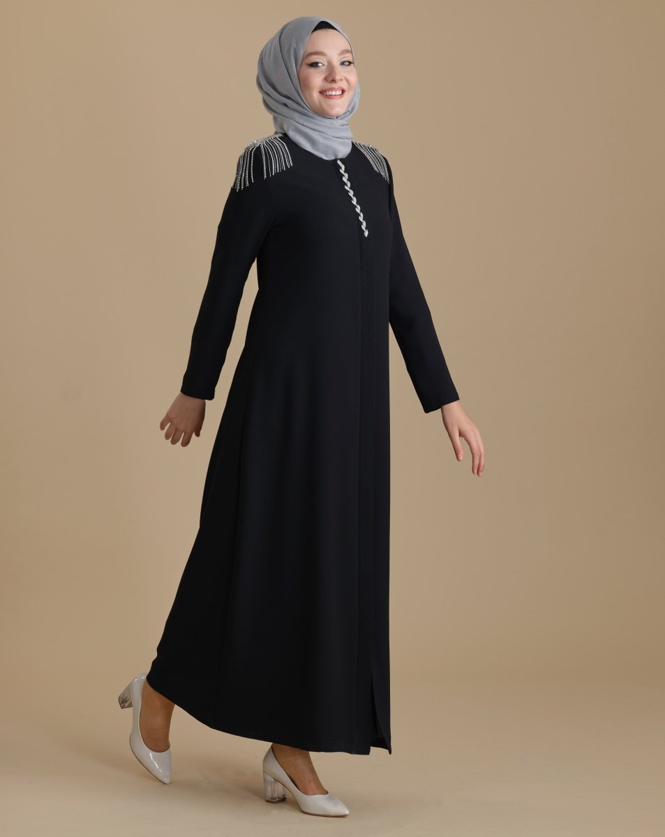Black Hijab Abaya with Stone Embellished Epaulette Detail and Hidden Zipper - ihvan