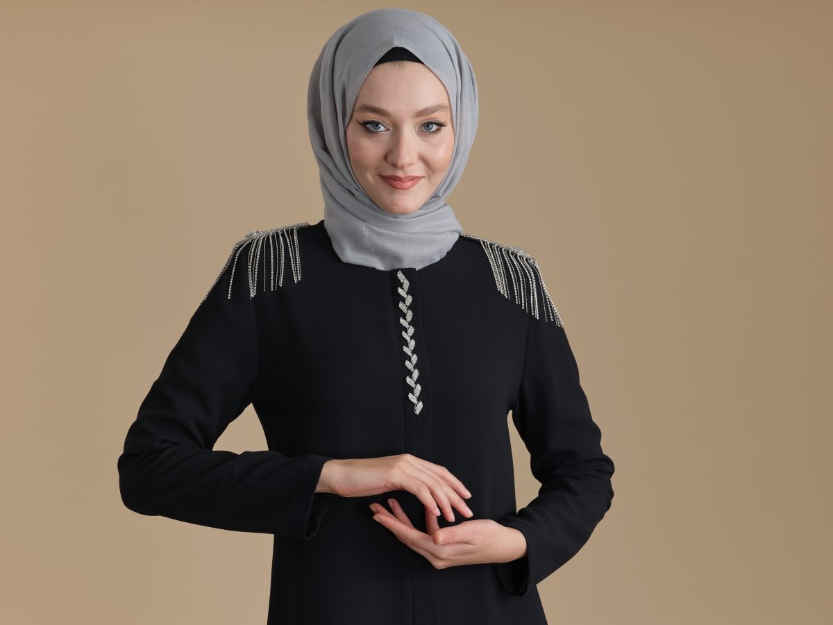 Black Hijab Abaya with Stone Embellished Epaulette Detail and Hidden Zipper - ihvan