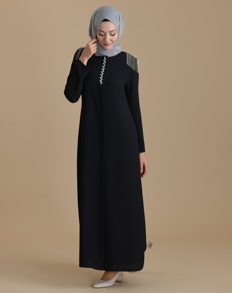Black Hijab Abaya with Stone Embellished Epaulette Detail and Hidden Zipper - ihvan