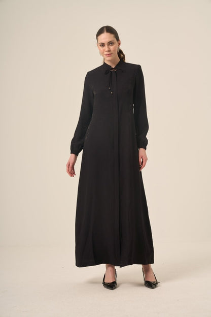Black Jacquard Floral Patterned Zip - Up Abaya 6137 Black - ihvan